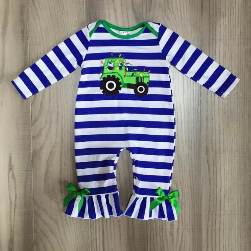 striped tractor Christmas lights romper